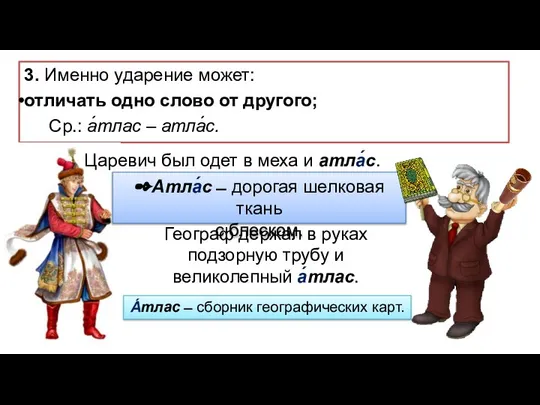 3. Именно ударение может: отличать одно слово от другого; Ср.: а́тлас