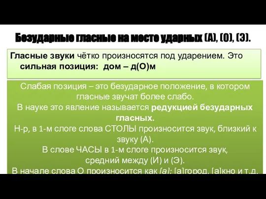 Безударные гласные на месте ударных (А), (О), (Э). Гласные звуки чётко