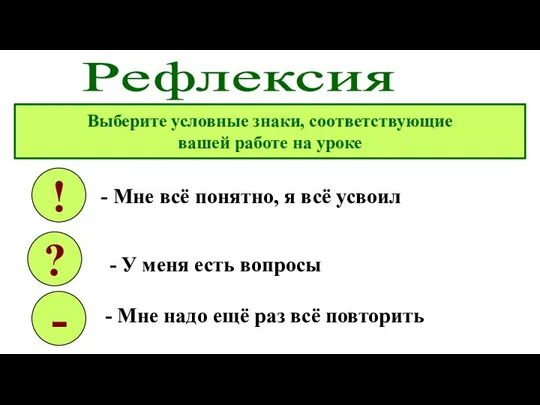 Рефлексия Выберите условные знаки, соответствующие вашей работе на уроке ! ?