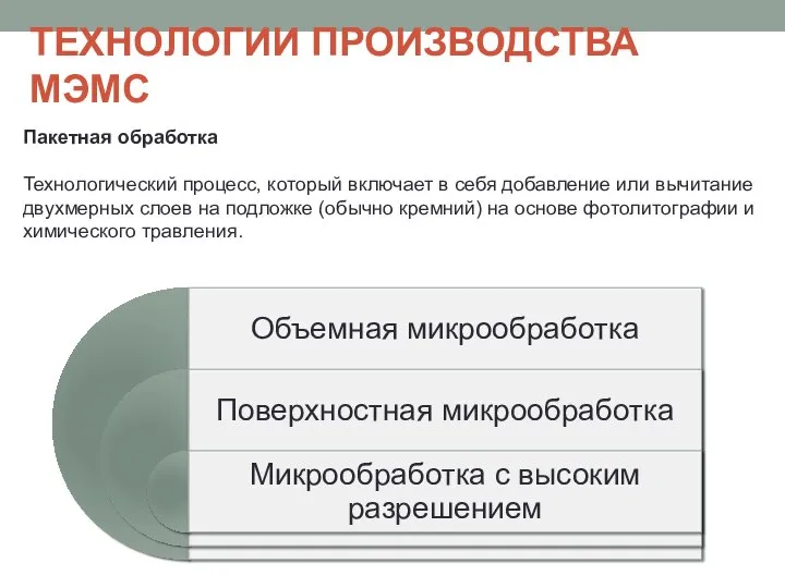 ТЕХНОЛОГИИ ПРОИЗВОДСТВА МЭМС Пакетная обработка Технологический процесс, который включает в себя