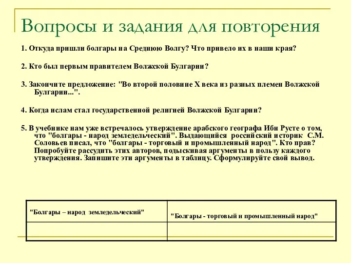 Вопросы и задания для повторения 1. Откуда пришли болгары на Среднюю