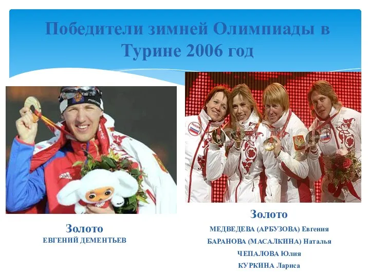 Победители зимней Олимпиады в Турине 2006 год Золото ЕВГЕНИЙ ДЕМЕНТЬЕВ Золото