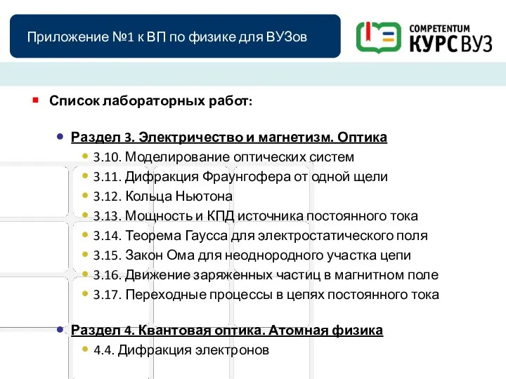 Приложение №1 к ВП по физике для ВУЗов Список лабораторных работ: