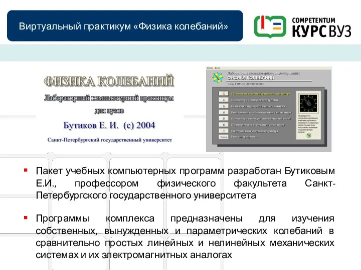 Виртуальный практикум «Физика колебаний» Пакет учебных компьютерных программ разработан Бутиковым Е.И.,