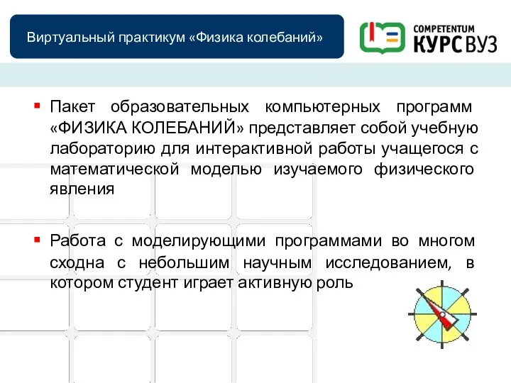 Виртуальный практикум «Физика колебаний» Пакет образовательных компьютерных программ «ФИЗИКА КОЛЕБАНИЙ» представляет