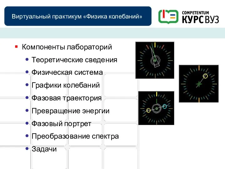 Виртуальный практикум «Физика колебаний» Компоненты лабораторий Теоретические сведения Физическая система Графики