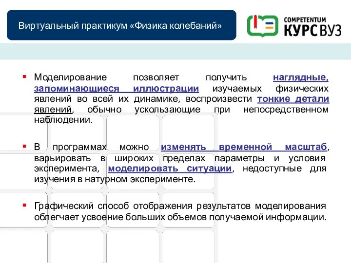 Виртуальный практикум «Физика колебаний» Моделирование позволяет получить наглядные, запоминающиеся иллюстрации изучаемых