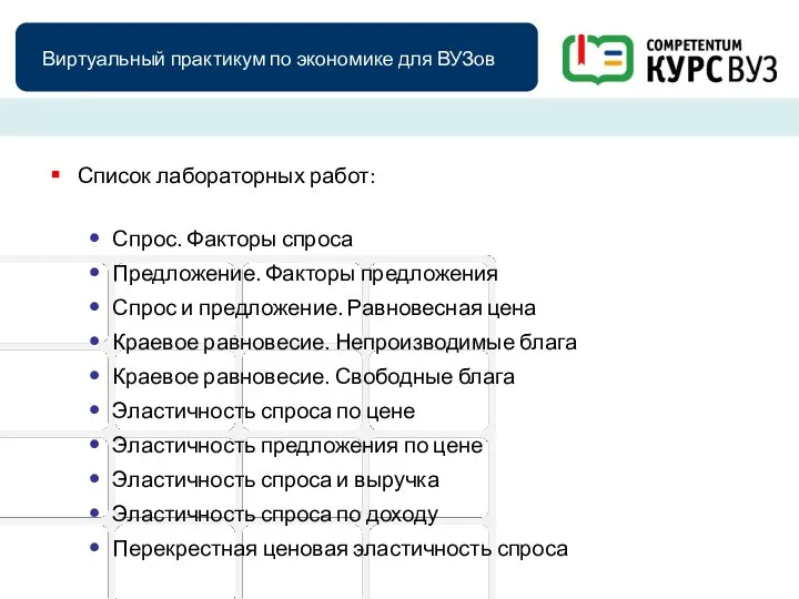 Виртуальный практикум по экономике для ВУЗов Список лабораторных работ: Спрос. Факторы