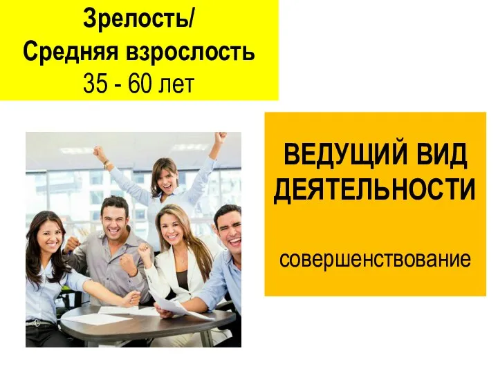 Зрелость/ Средняя взрослость 35 - 60 лет ВЕДУЩИЙ ВИД ДЕЯТЕЛЬНОСТИ совершенствование