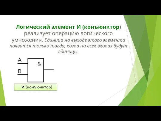 Логический элемент И (конъюнктор) реализует операцию логического умножения. Единица на выходе