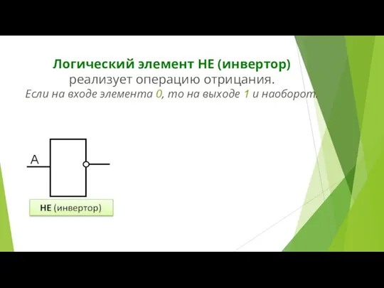 Логический элемент НЕ (инвертор) реализует операцию отрицания. Если на входе элемента