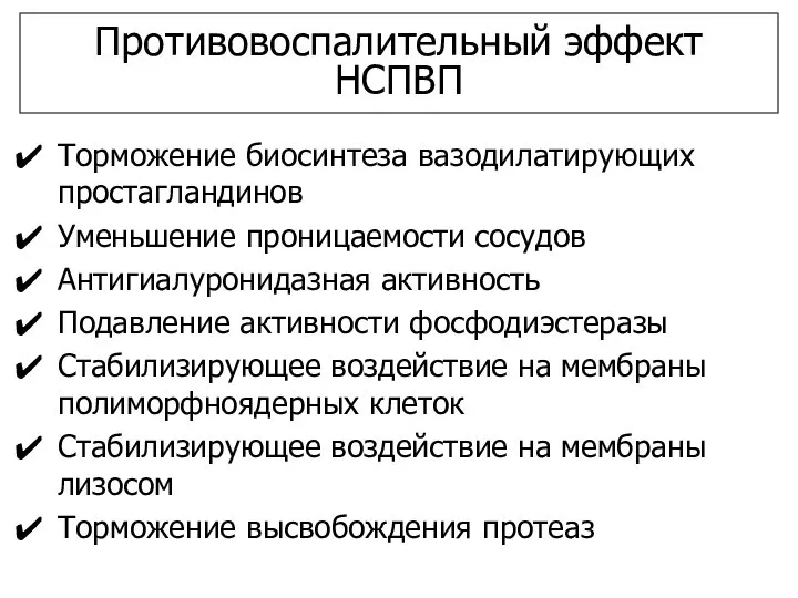 Противовоспалительный эффект НСПВП Торможение биосинтеза вазодилатирующих простагландинов Уменьшение проницаемости сосудов Антигиалуронидазная