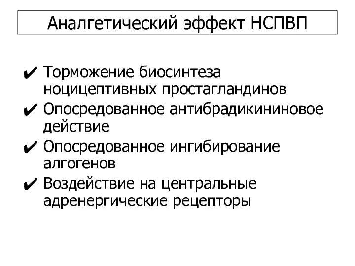 Аналгетический эффект НСПВП Торможение биосинтеза ноцицептивных простагландинов Опосредованное антибрадикининовое действие Опосредованное