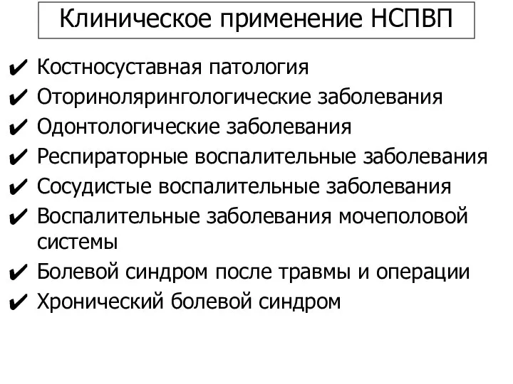 Клиническое применение НСПВП Костносуставная патология Оторинолярингологические заболевания Одонтологические заболевания Респираторные воспалительные