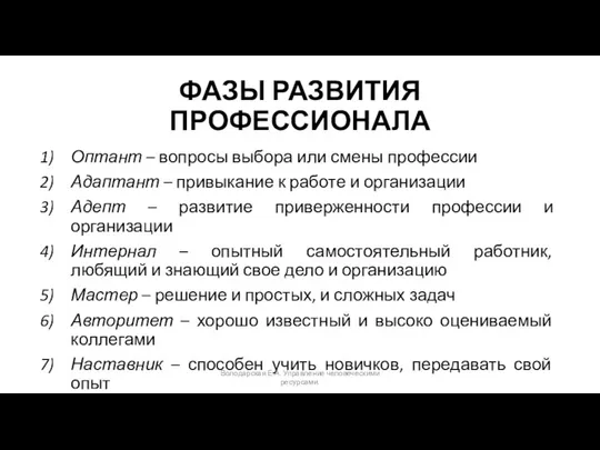 ФАЗЫ РАЗВИТИЯ ПРОФЕССИОНАЛА Оптант – вопросы выбора или смены профессии Адаптант