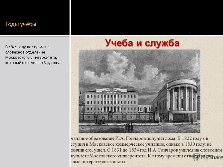 Годы учёбы В 1831 году поступил на словесное отделение Московского университета, который окончил в 1834 году.