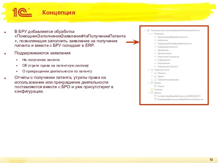 Концепция В БРУ добавляется обработка «ПомощникЗаполненияЗаявленияНаПолучениеПатента», позволяющая заполнить заявление на получение