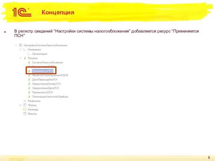 Концепция В регистр сведений “Настройки системы налогообложения” добавляется ресурс “Применяется ПСН”