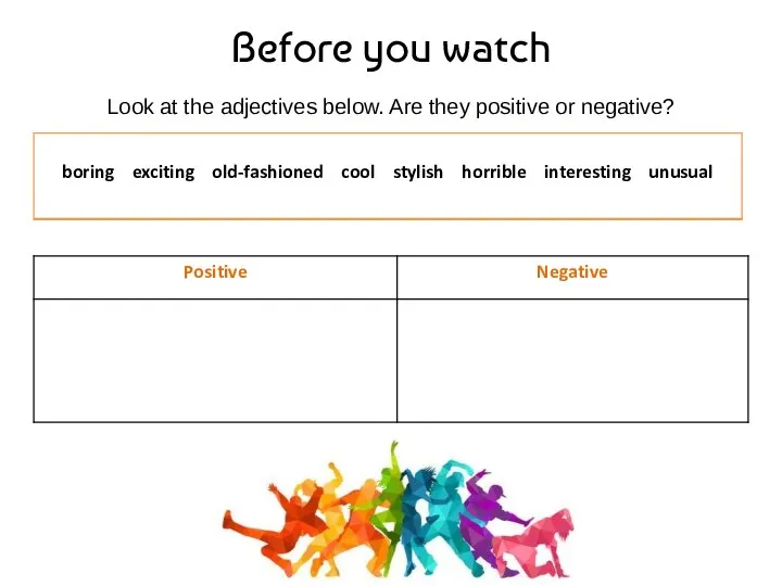 Before you watch Look at the adjectives below. Are they positive or negative?