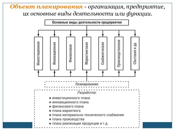 Объект планирования - организация, предприятие, их основные виды деятельности или функции.