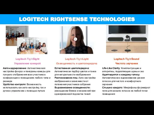 LOGITECH RIGHTSENSE TECHNOLOGIES Logitech RightLight Освещенность и цветопередача Естественная цветопередача: Автоматически