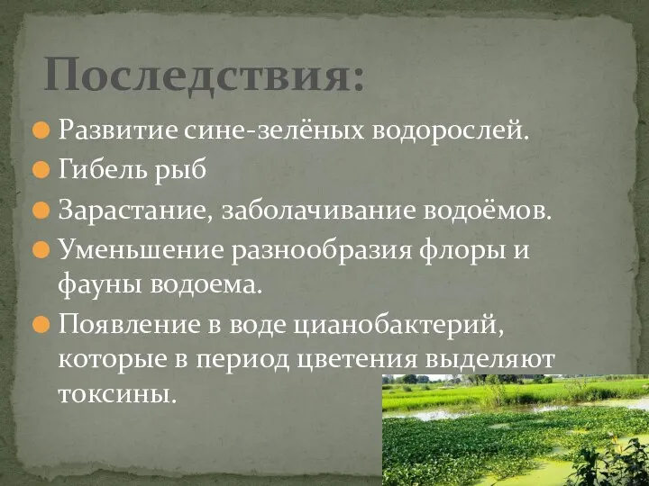 Развитие сине-зелёных водорослей. Гибель рыб Зарастание, заболачивание водоёмов. Уменьшение разнообразия флоры