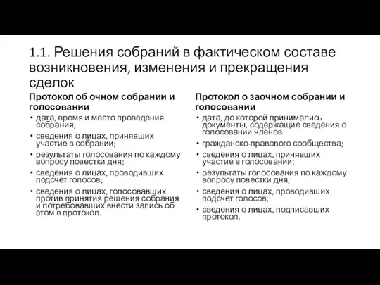 1.1. Решения собраний в фактическом составе возникновения, изменения и прекращения сделок