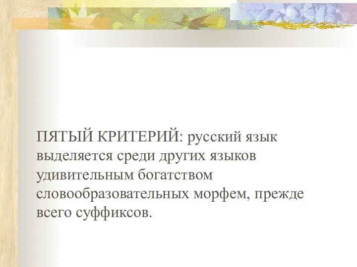 ПЯТЫЙ КРИТЕРИЙ: русский язык выделяется среди других языков удивительным богатством словообразовательных морфем, прежде всего суффиксов.