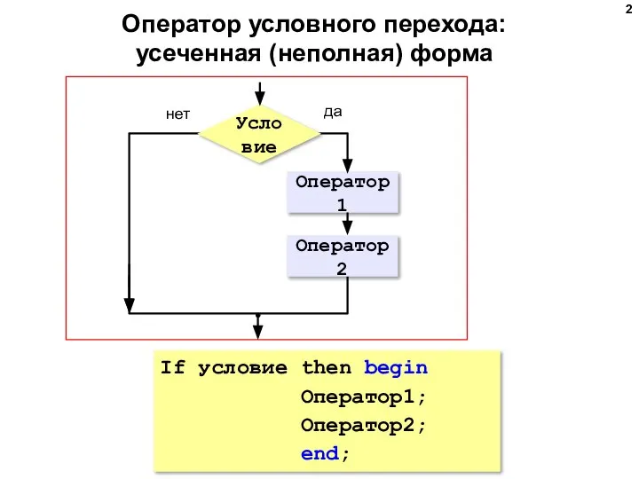 Оператор условного перехода: усеченная (неполная) форма Оператор1 Условие да нет Оператор2