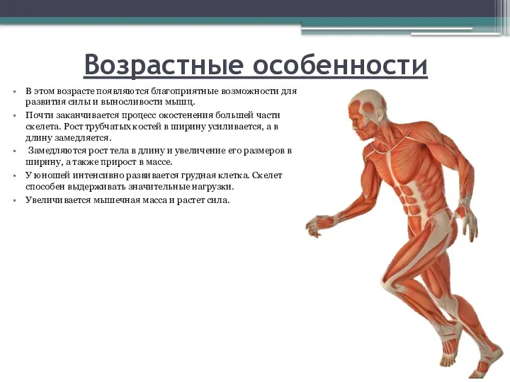 Возрастные особенности В этом возрасте появляются благоприятные возможности для развития силы