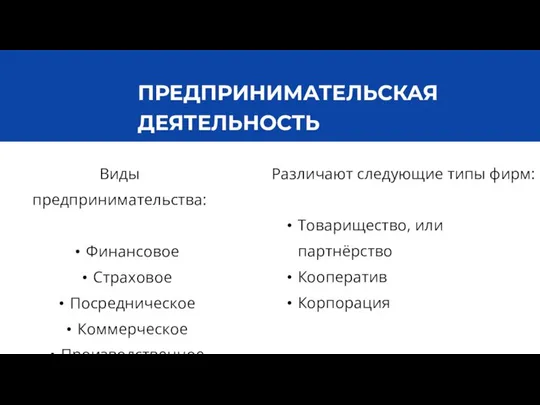 ПРЕДПРИНИМАТЕЛЬСКАЯ ДЕЯТЕЛЬНОСТЬ Виды предпринимательства: Финансовое Страховое Посредническое Коммерческое Производственное Различают следующие