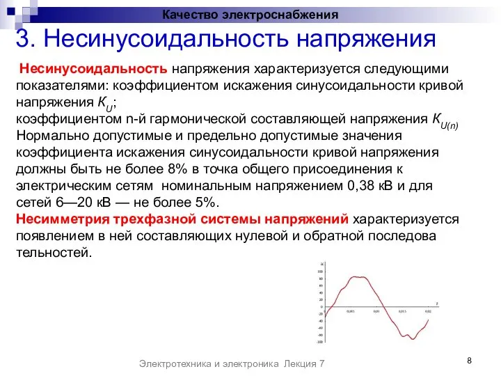 3. Несинусоидальность напряжения Электротехника и электроника Лекция 7 Несинусоидальность напряжения характеризуется