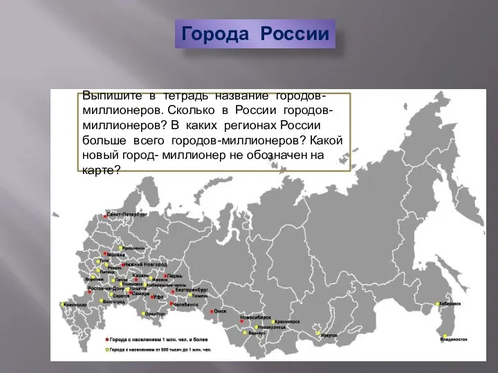 Города с населением более 500 тыс. чел. Города России Проанализируйте карту.