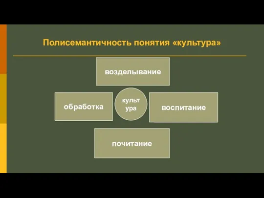 Полисемантичность понятия «культура» обработка воспитание возделывание почитание культура