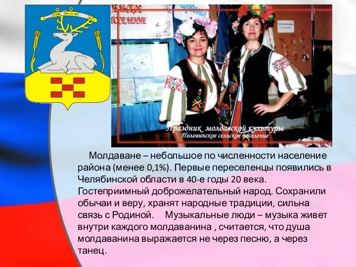 Молдаване – небольшое по численности население района (менее 0,1%). Первые переселенцы