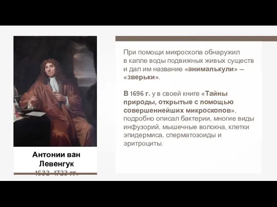 Антонии ван Левенгук 1632–1723 гг. При помощи микроскопа обнаружил в капле