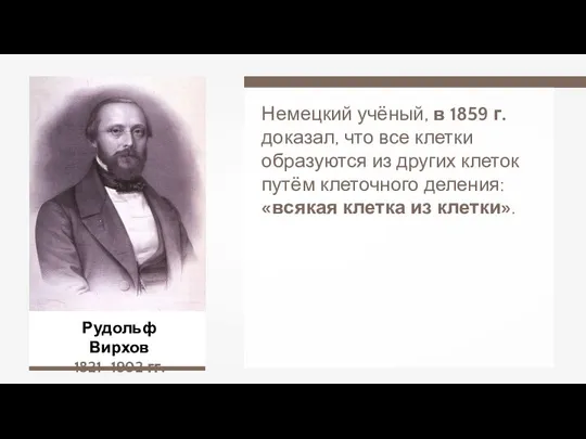 Рудольф Вирхов 1821–1902 гг. Немецкий учёный, в 1859 г. доказал, что