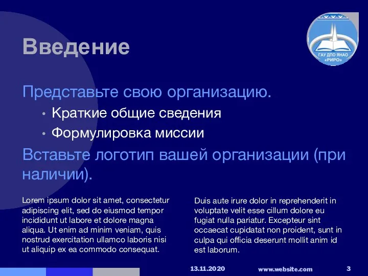 Введение Представьте свою организацию. Краткие общие сведения Формулировка миссии Вставьте логотип