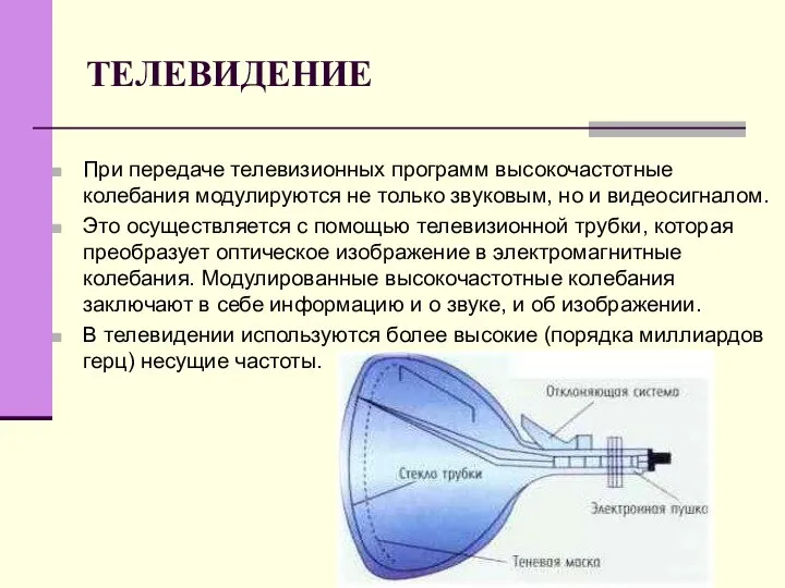 ТЕЛЕВИДЕНИЕ При передаче телевизионных программ высокочастотные колебания модулируются не только звуковым,