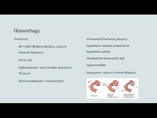Hemorrhage Treatment: BP coil or clip Hydrocephalus: serial lumbar punctures, VP