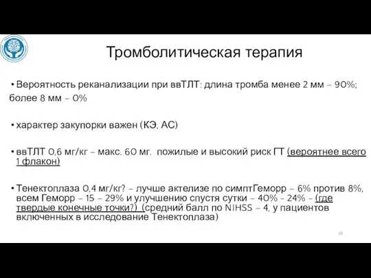 Тромболитическая терапия Вероятность реканализации при ввТЛТ: длина тромба менее 2 мм