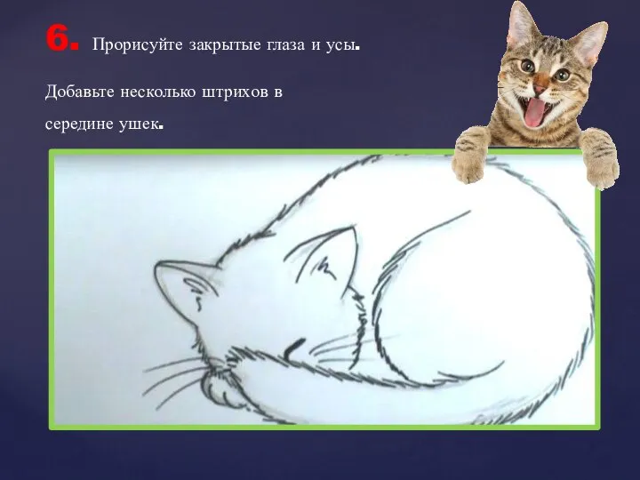 6. Прорисуйте закрытые глаза и усы. Добавьте несколько штрихов в середине ушек.