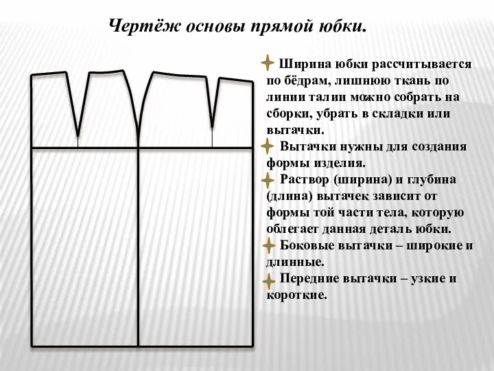 Чертёж основы прямой юбки. Ширина юбки рассчитывается по бёдрам, лишнюю ткань