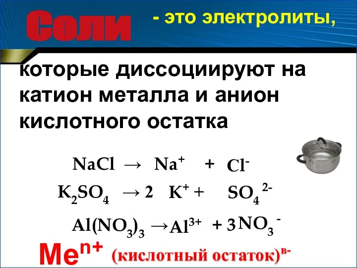 Соли - это электролиты, которые диссоциируют на катион металла и анион