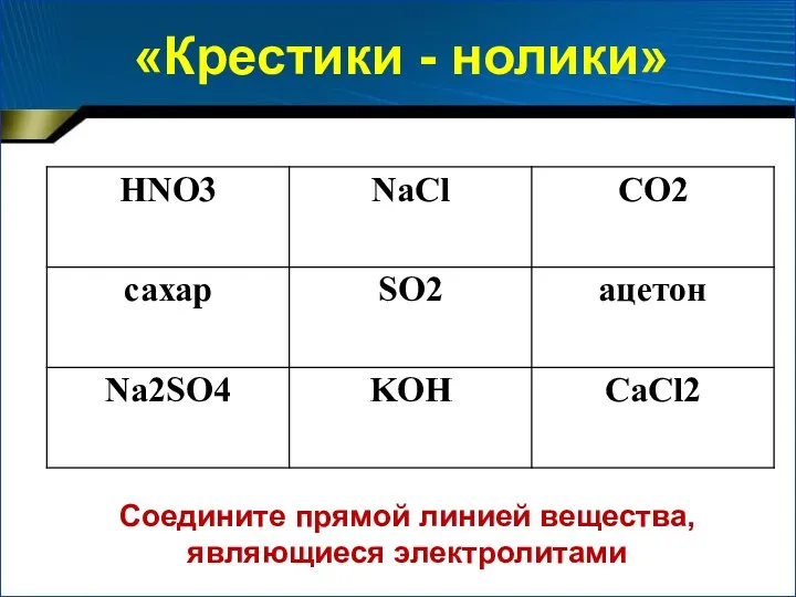 «Крестики - нолики» Соедините прямой линией вещества, являющиеся электролитами