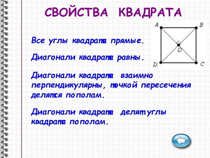 СВОЙСТВА КВАДРАТА Все углы квадрата прямые. Диагонали квадрата равны. Диагонали квадрата