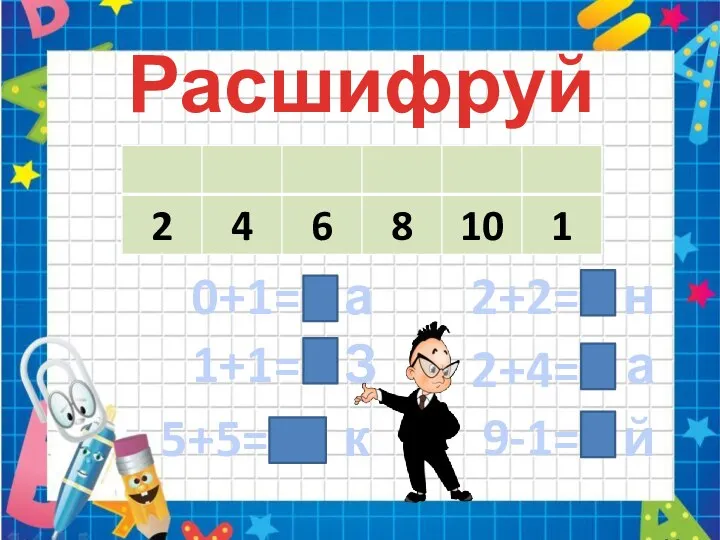 Расшифруй слово. 0+1=1 1+1=2 5+5=10 2+2=4 2+4=6 9-1=8 а З к н а й