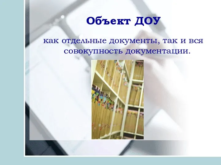 Объект ДОУ как отдельные документы, так и вся совокупность документации.