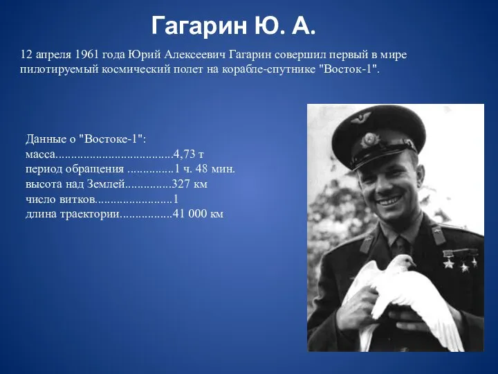 Гагарин Ю. А. 12 апреля 1961 года Юрий Алексеевич Гагарин совершил