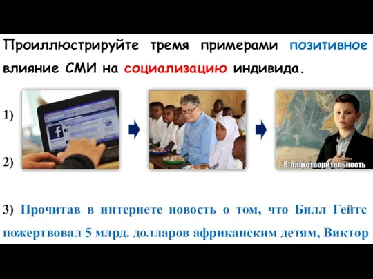 Проиллюстрируйте тремя примерами позитивное влияние СМИ на социализацию индивида. 1) 2)
